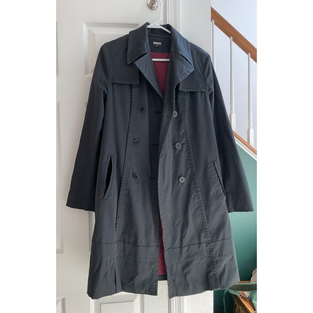 DKNY Donna Karan Women’s Black Double Breasted Trench Coat Size M Long Jacket